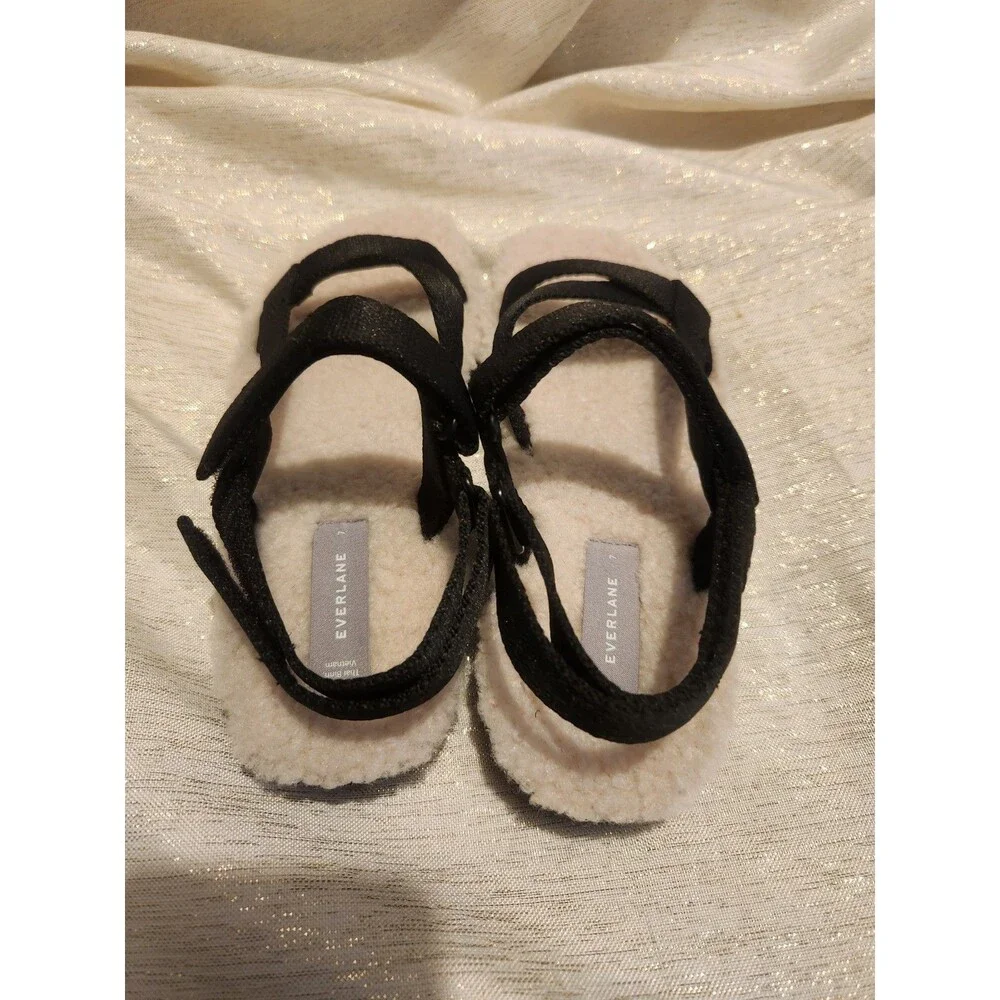 Everlane Teddy Sherpa Sport Sandals Black Cream Faux Fur Fleece Casual Size 7 - Picture 4 of 6